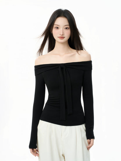 iiiamX Original Design Black Off-Shoulder Top for Women, Autumn Inner Layer, Slim Fit Long Sleeve T-Shirt