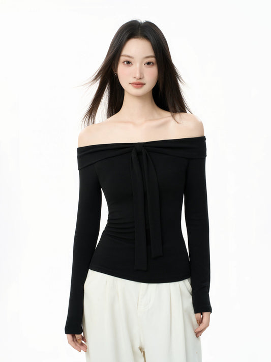 iiiamX Original Design Black Off-Shoulder Top for Women, Autumn Inner Layer, Slim Fit Long Sleeve T-Shirt