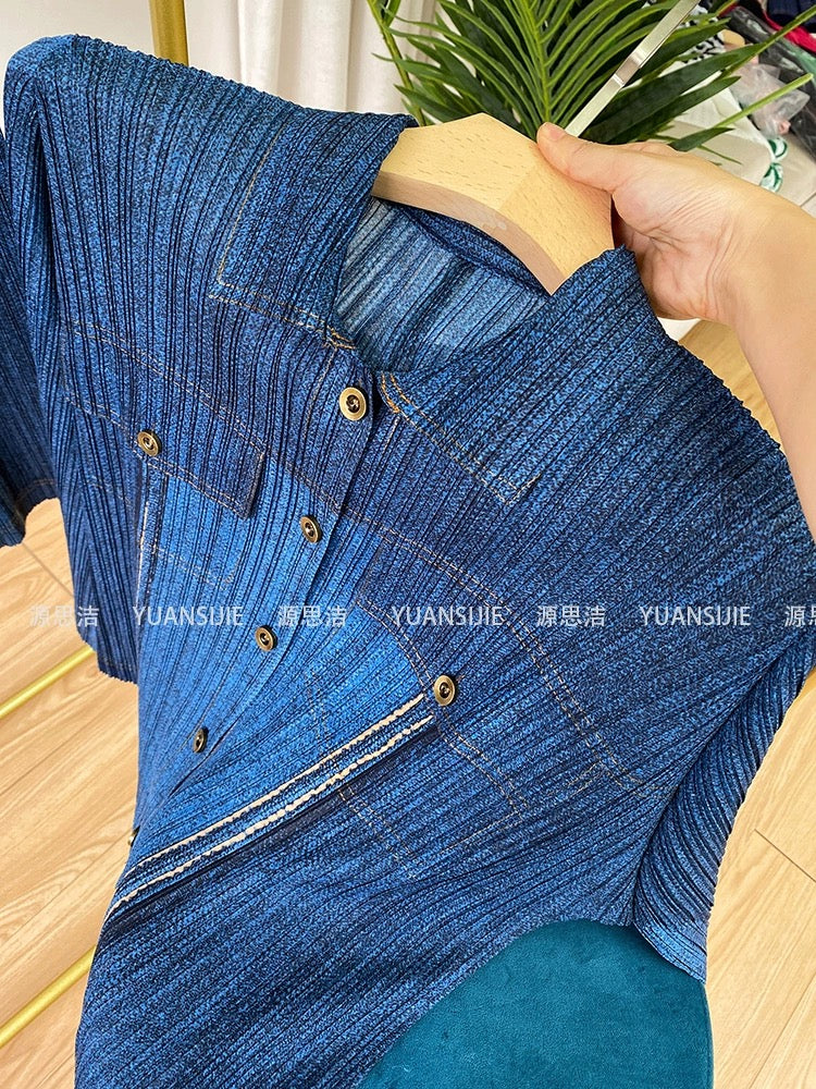 Miyake Imitation Denim Printed Pleated Suit Women's 2024 Spring and Autumn Fashion Casual Short Jacket Pants Two-piece Thin Set