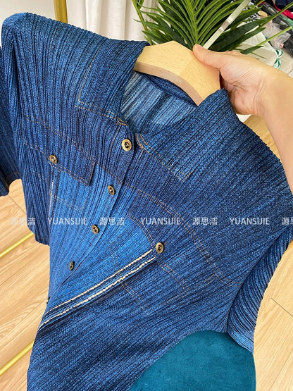 Miyake Imitation Denim Printed Pleated Suit Women's 2024 Spring and Autumn Fashion Casual Short Jacket Pants Two-piece Thin Set
