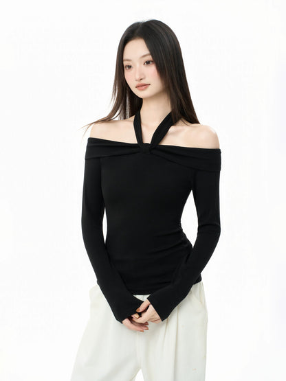 iiiamX Original Design Black Off-Shoulder Top for Women, Autumn Inner Layer, Slim Fit Long Sleeve T-Shirt