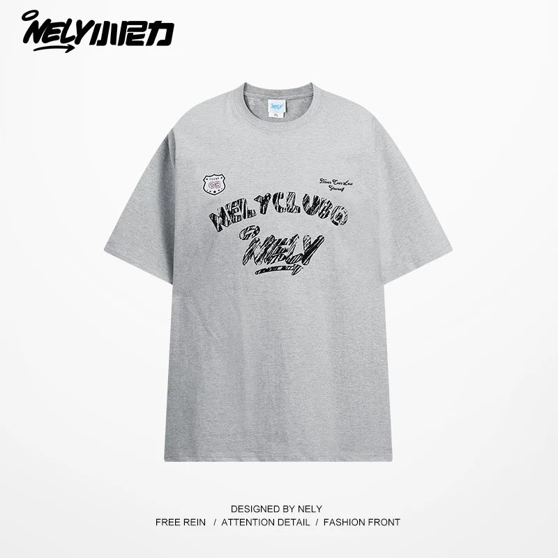 NELY Little Nelly Graffiti Letters Short-sleeved T-shirt for Men and Women Summer New Design Casual Trendy Brand Pure Cotton Top
