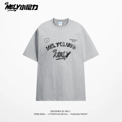NELY Little Nelly Graffiti Letters Short-sleeved T-shirt for Men and Women Summer New Design Casual Trendy Brand Pure Cotton Top