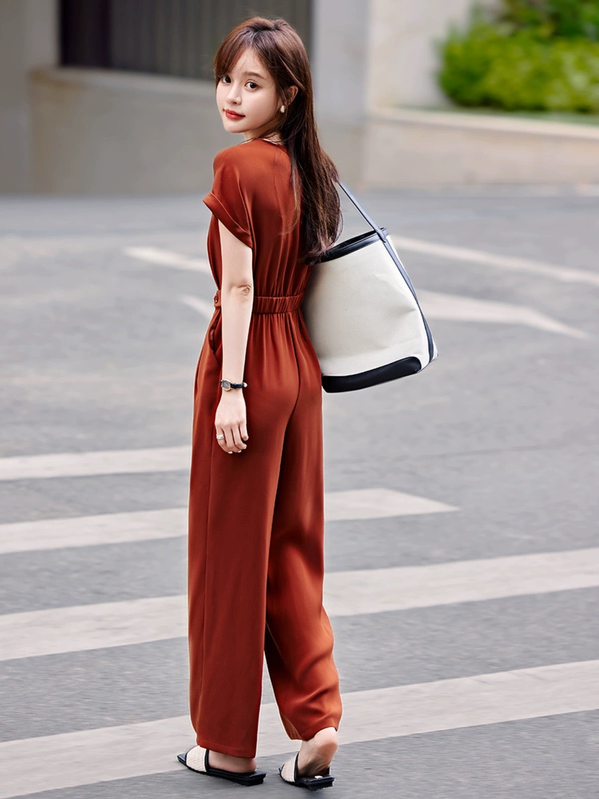 Mohan Yimei Casual Short Sleeve V-neck High Waist Jumpsuit 2024 Summer New Fashion Korean Style Casual Jumpsuit