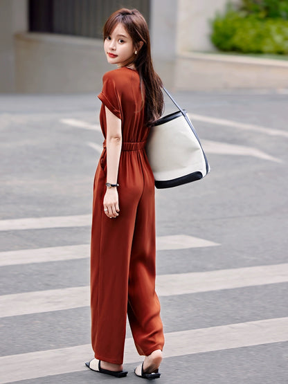 Mohan Yimei Casual Short Sleeve V-neck High Waist Jumpsuit 2024 Summer New Fashion Korean Style Casual Jumpsuit