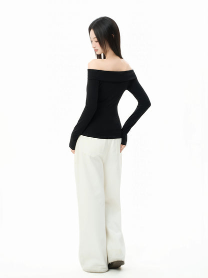 iiiamX Original Design Black Off-Shoulder Top for Women, Autumn Inner Layer, Slim Fit Long Sleeve T-Shirt