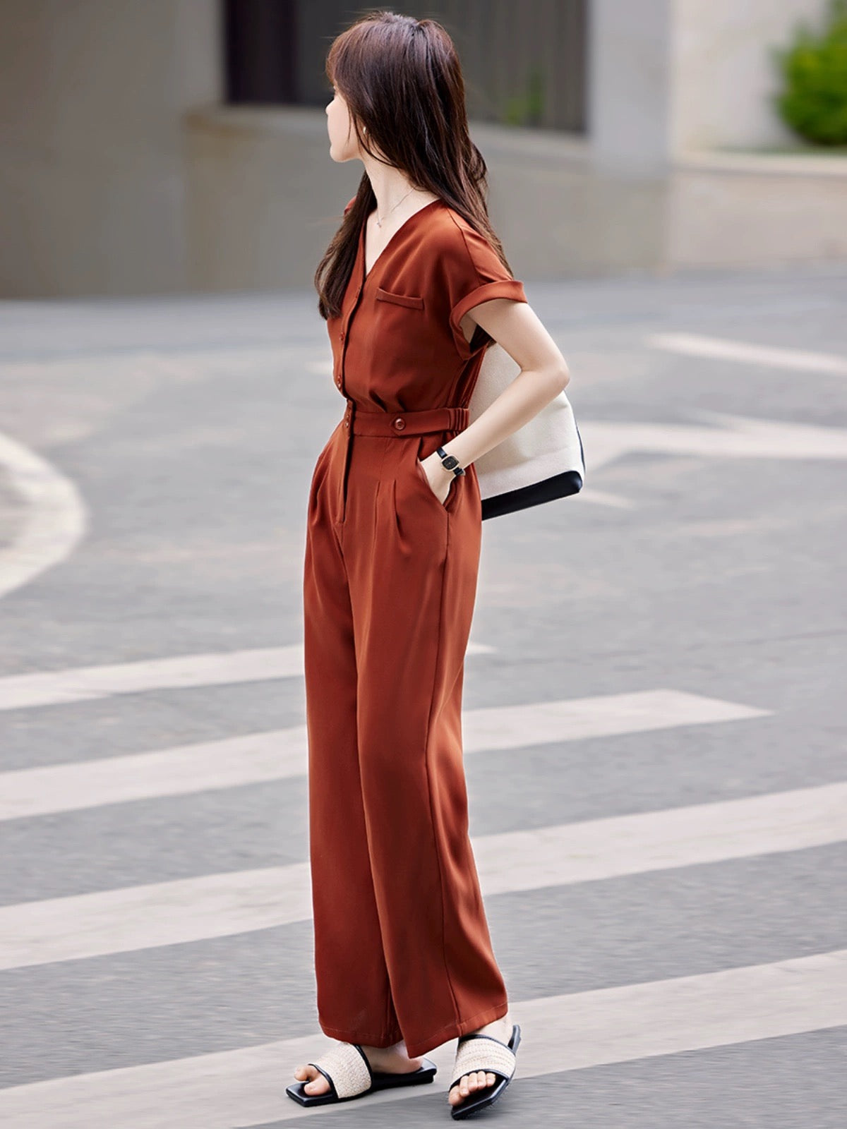 Mohan Yimei Casual Short Sleeve V-neck High Waist Jumpsuit 2024 Summer New Fashion Korean Style Casual Jumpsuit