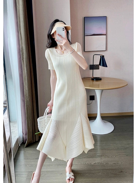 Miyake design pleated dress short-sleeved slimming tea break gentle holiday style pink fishtail long skirt summer