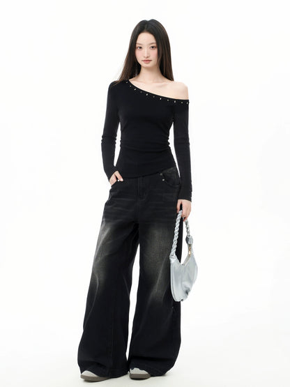 iiiamX Black American Style Off-Shoulder Long Sleeve Top for Women, Autumn Slim Fit Design, Inner Layer, Sexy Girl T-Shirt