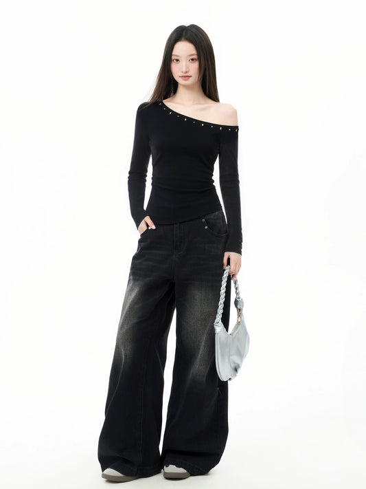 iiiamX Black American Style Off-Shoulder Long Sleeve Top for Women, Autumn Slim Fit Design, Inner Layer, Sexy Girl T-Shirt