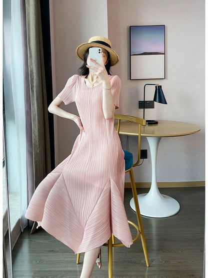 Miyake design pleated dress short-sleeved slimming tea break gentle holiday style pink fishtail long skirt summer