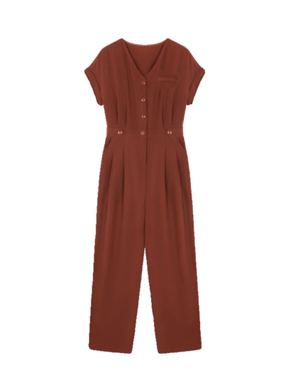 Mohan Yimei Casual Short Sleeve V-neck High Waist Jumpsuit 2024 Summer New Fashion Korean Style Casual Jumpsuit