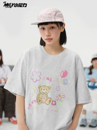 NELY cute cartoon bear print niche short-sleeved T-shirt for men and women in summer loose lazy style tópỷ