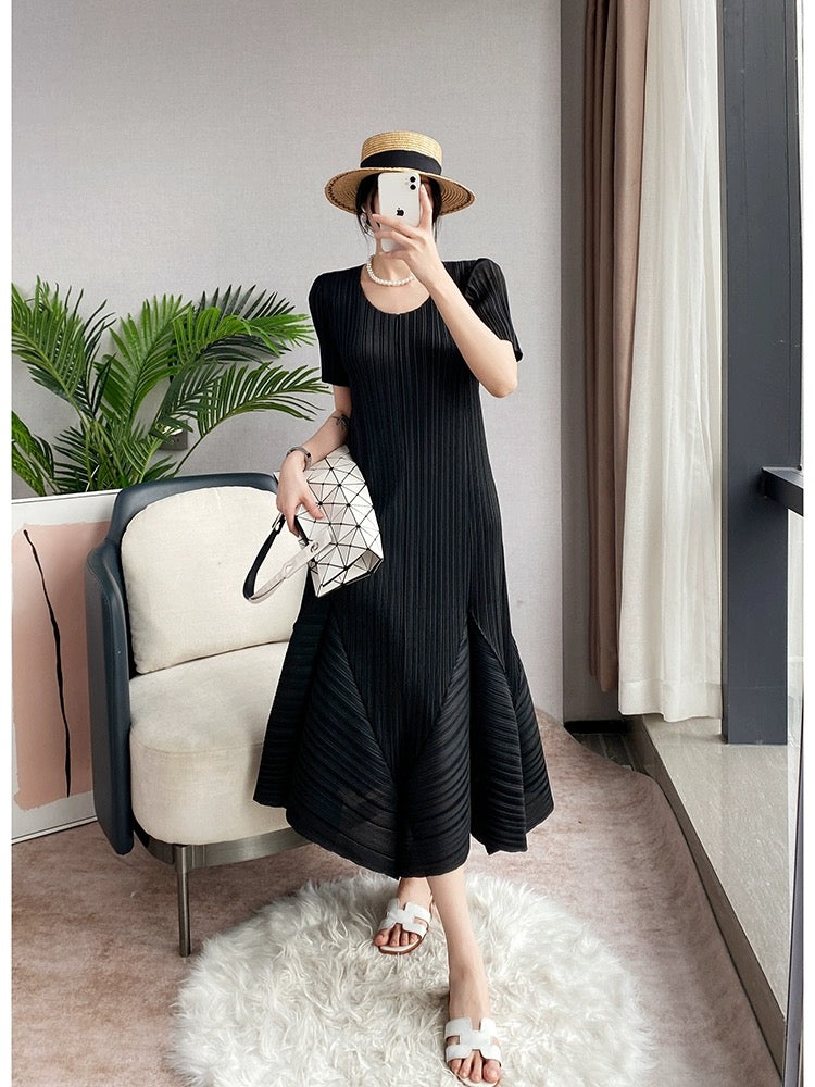 Miyake design pleated dress short-sleeved slimming tea break gentle holiday style pink fishtail long skirt summer