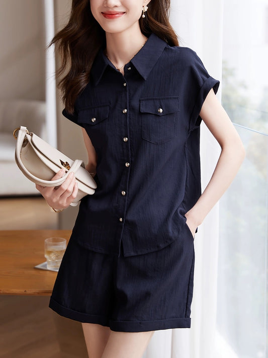 Mohan Yimei Raglan Sleeve Shirt Shorts Two-piece Set 2023 Summer New Commuting Comfortable Lightweight Suit for Women