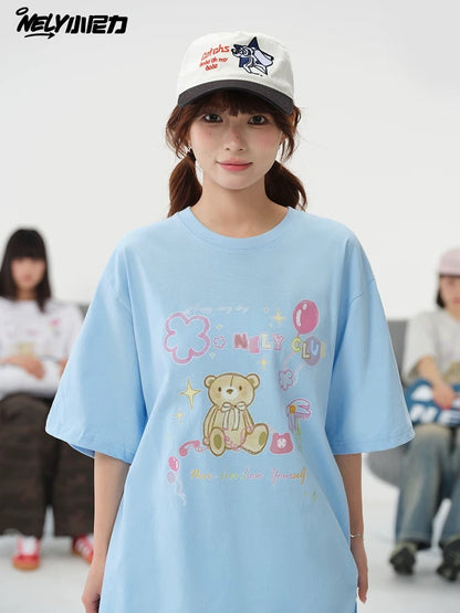 NELY cute cartoon bear print niche short-sleeved T-shirt for men and women in summer loose lazy style tópỷ