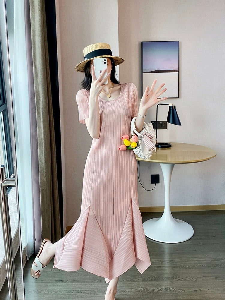 Miyake design pleated dress short-sleeved slimming tea break gentle holiday style pink fishtail long skirt summer