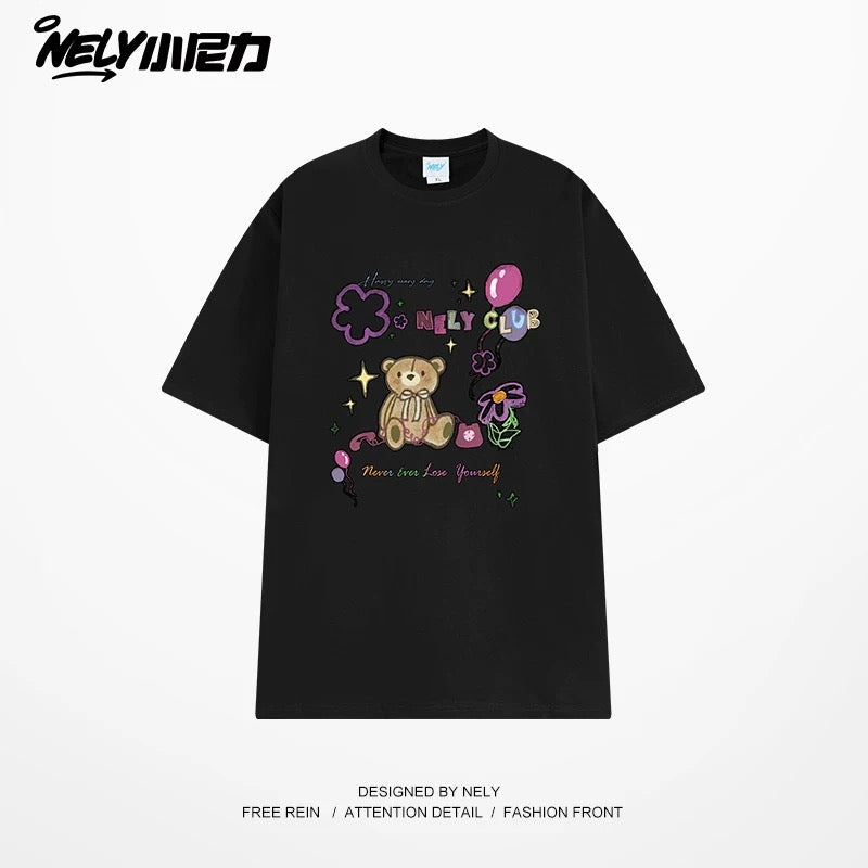 NELY cute cartoon bear print niche short-sleeved T-shirt for men and women in summer loose lazy style tópỷ
