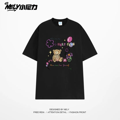 NELY cute cartoon bear print niche short-sleeved T-shirt for men and women in summer loose lazy style tópỷ