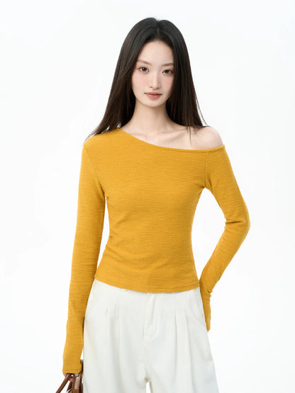 iiiamX Early Autumn Yellow Off-Shoulder Long-Sleeve T-Shirt for Women, Autumn Off-Shoulder Slim Fit Innerwear, Sexy Girl Top, 2025 New Style