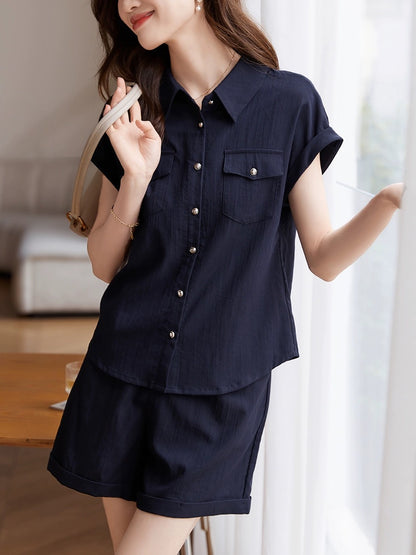 Mohan Yimei Raglan Sleeve Shirt Shorts Two-piece Set 2023 Summer New Commuting Comfortable Lightweight Suit for Women
