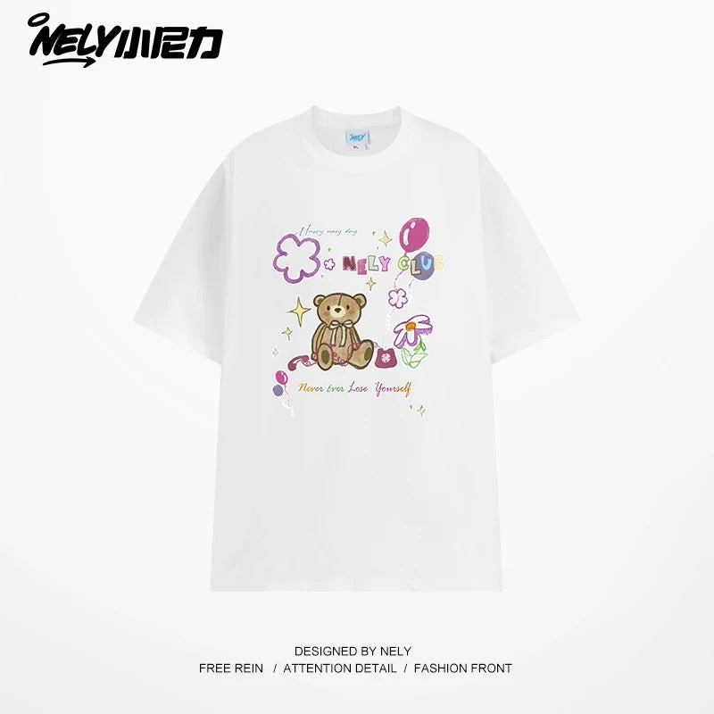 NELY cute cartoon bear print niche short-sleeved T-shirt for men and women in summer loose lazy style tópỷ