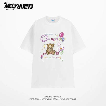 NELY cute cartoon bear print niche short-sleeved T-shirt for men and women in summer loose lazy style tópỷ