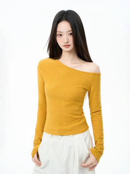 iiiamX Early Autumn Yellow Off-Shoulder Long-Sleeve T-Shirt for Women, Autumn Off-Shoulder Slim Fit Innerwear, Sexy Girl Top, 2025 New Style