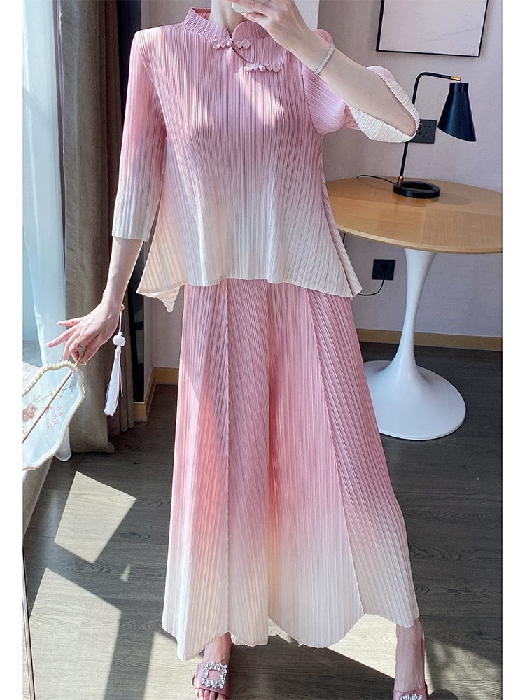 Miyake style pleated suit, cool temperament, Tang suit, Chinese style, new Chinese style, button printed tops and pants, two-piece set for women
