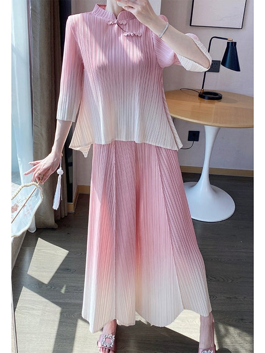 Miyake style pleated suit, cool temperament, Tang suit, Chinese style, new Chinese style, button printed tops and pants, two-piece set for women