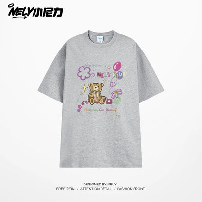 NELY cute cartoon bear print niche short-sleeved T-shirt for men and women in summer loose lazy style tópỷ