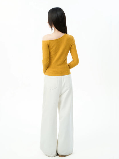 iiiamX Early Autumn Yellow Off-Shoulder Long-Sleeve T-Shirt for Women, Autumn Off-Shoulder Slim Fit Innerwear, Sexy Girl Top, 2025 New Style