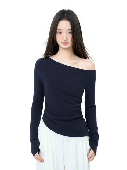 iiiamX Navy Blue Off-Shoulder Lace Long-Sleeve T-Shirt Women's Autumn 2025 New Slim Fit Base Layer Top