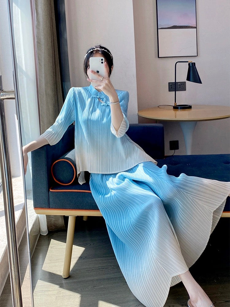 Miyake style pleated suit, cool temperament, Tang suit, Chinese style, new Chinese style, button printed tops and pants, two-piece set for women