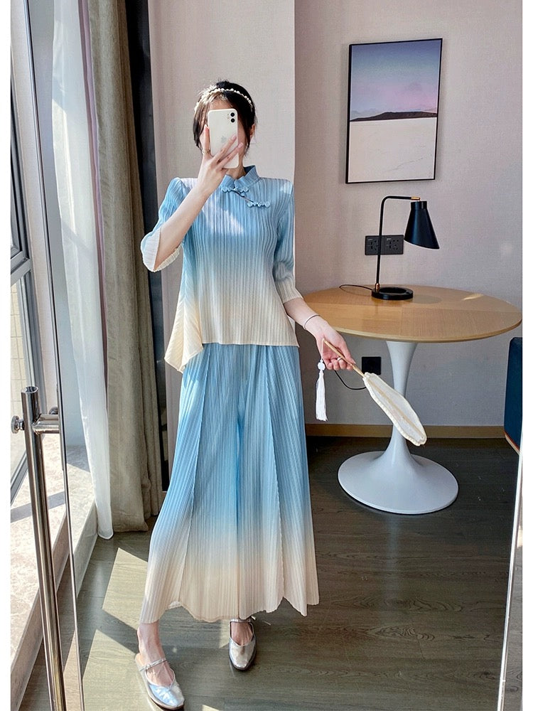 Miyake style pleated suit, cool temperament, Tang suit, Chinese style, new Chinese style, button printed tops and pants, two-piece set for women