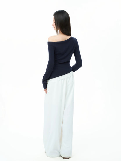 iiiamX Navy Blue Off-Shoulder Lace Long-Sleeve T-Shirt Women's Autumn 2025 New Slim Fit Base Layer Top