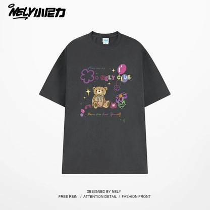 NELY cute cartoon bear print niche short-sleeved T-shirt for men and women in summer loose lazy style tópỷ