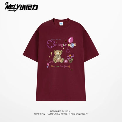 NELY cute cartoon bear print niche short-sleeved T-shirt for men and women in summer loose lazy style tópỷ