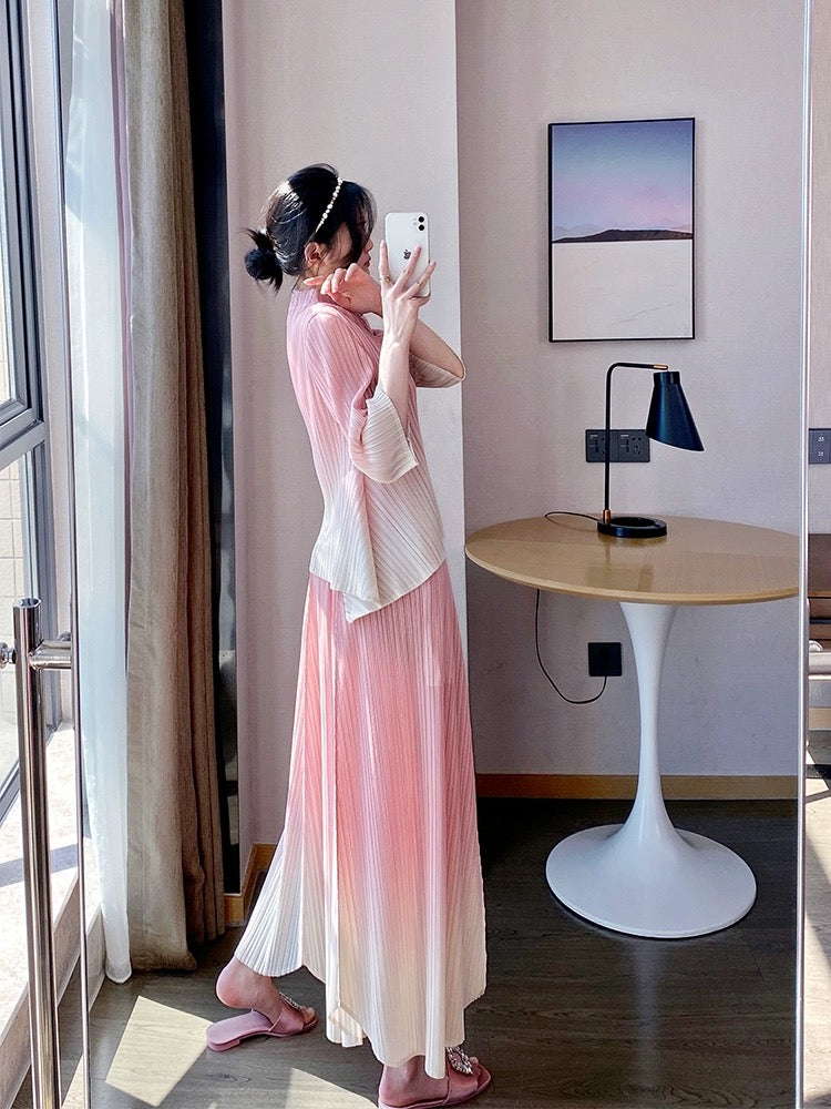 Miyake style pleated suit, cool temperament, Tang suit, Chinese style, new Chinese style, button printed tops and pants, two-piece set for women