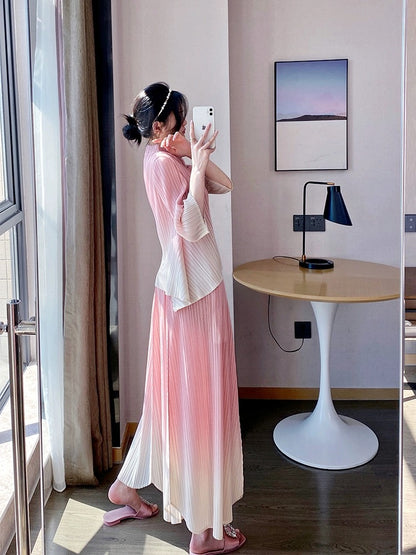 Miyake style pleated suit, cool temperament, Tang suit, Chinese style, new Chinese style, button printed tops and pants, two-piece set for women