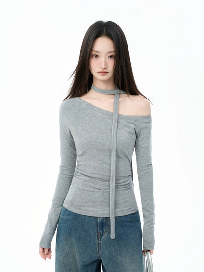 iiiamX Grey Off-Shoulder T-Shirt for Women, Autumn, Slim Fit, Long Sleeve, One-Shoulder Top, 2025 New Arrival