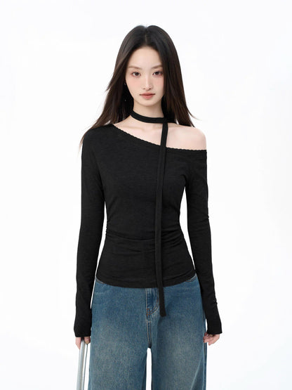 iiiamX Grey Off-Shoulder T-Shirt for Women, Autumn, Slim Fit, Long Sleeve, One-Shoulder Top, 2025 New Arrival