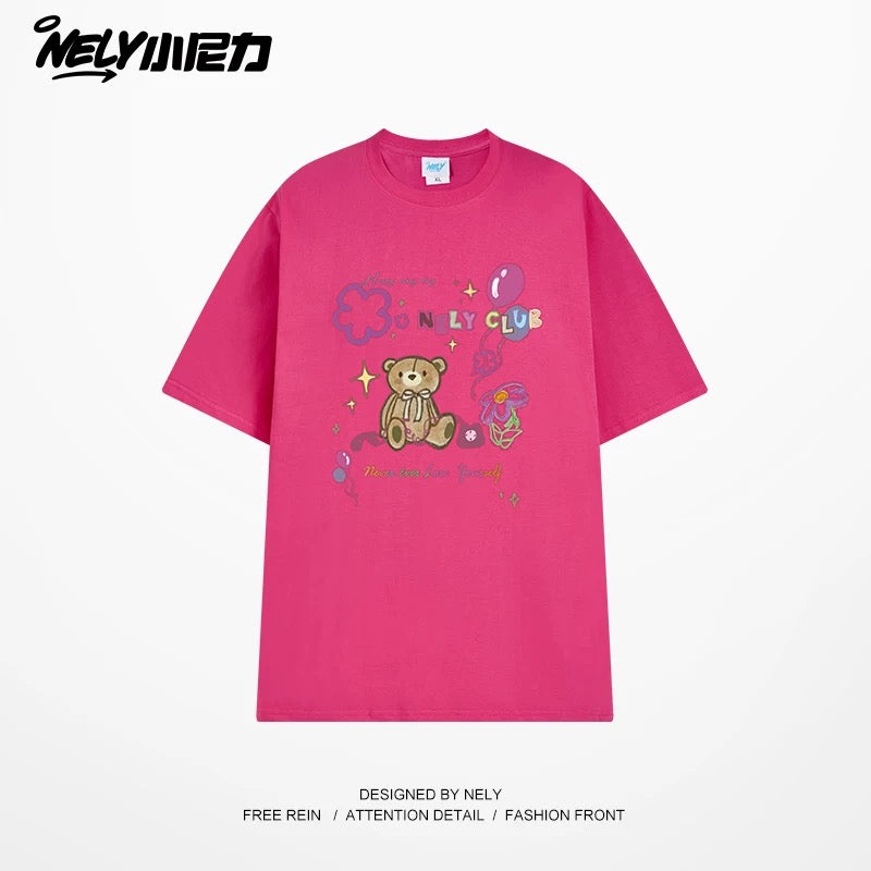 NELY cute cartoon bear print niche short-sleeved T-shirt for men and women in summer loose lazy style tópỷ