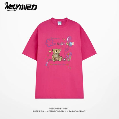 NELY cute cartoon bear print niche short-sleeved T-shirt for men and women in summer loose lazy style tópỷ