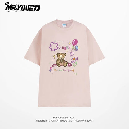 NELY cute cartoon bear print niche short-sleeved T-shirt for men and women in summer loose lazy style tópỷ