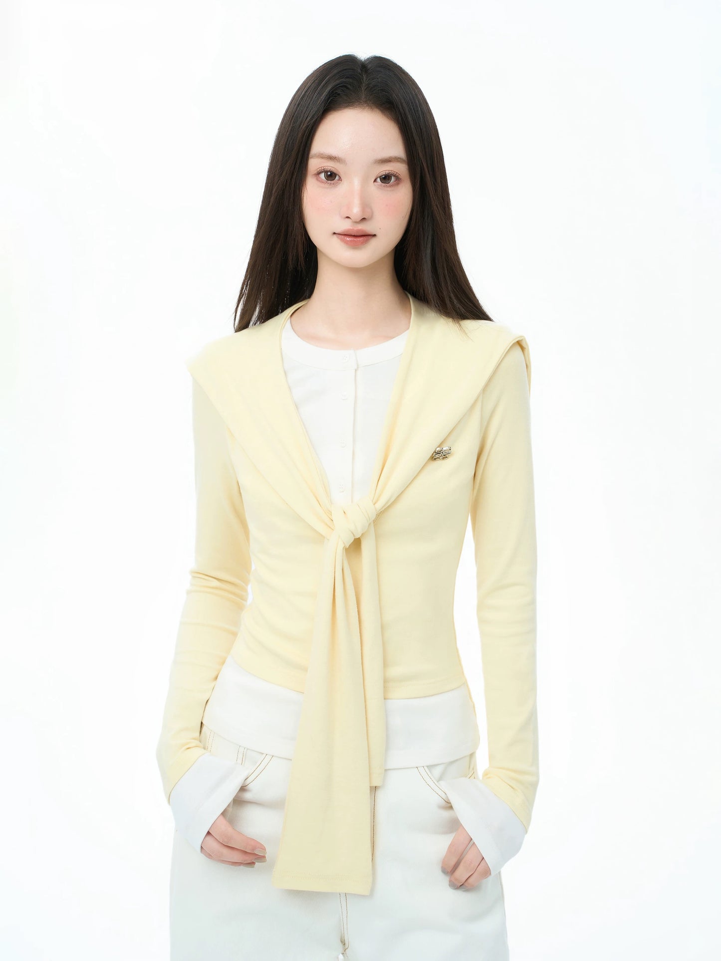 iiiamX Early Autumn Yellow Shawl Faux Two-Piece Long-Sleeved Top Women's Autumn 2025 New Slim Fit Design T-Shirt