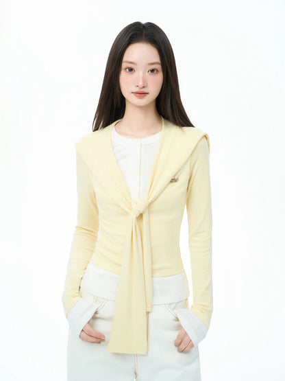 iiiamX Early Autumn Yellow Shawl Faux Two-Piece Long-Sleeved Top Women's Autumn 2025 New Slim Fit Design T-Shirt
