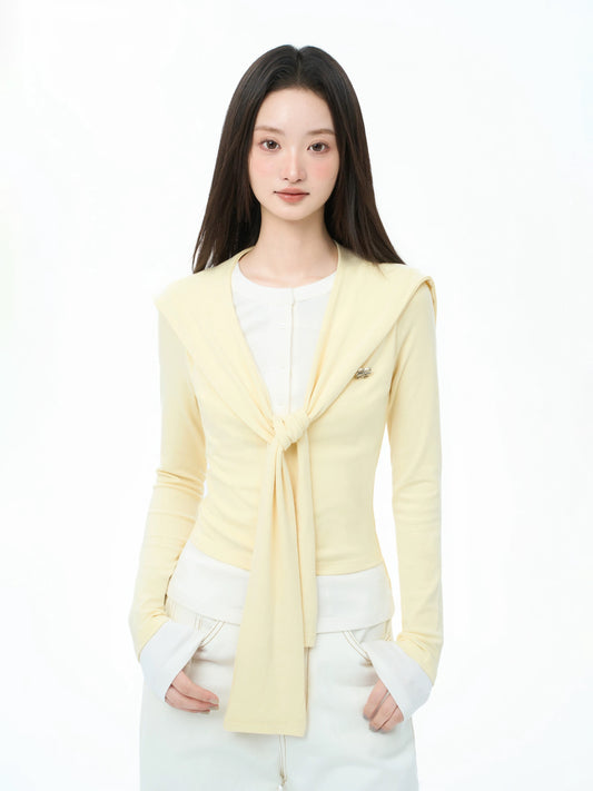 iiiamX Early Autumn Yellow Shawl Faux Two-Piece Long-Sleeved Top Women's Autumn 2025 New Slim Fit Design T-Shirt