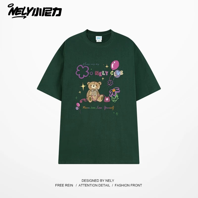 NELY cute cartoon bear print niche short-sleeved T-shirt for men and women in summer loose lazy style tópỷ