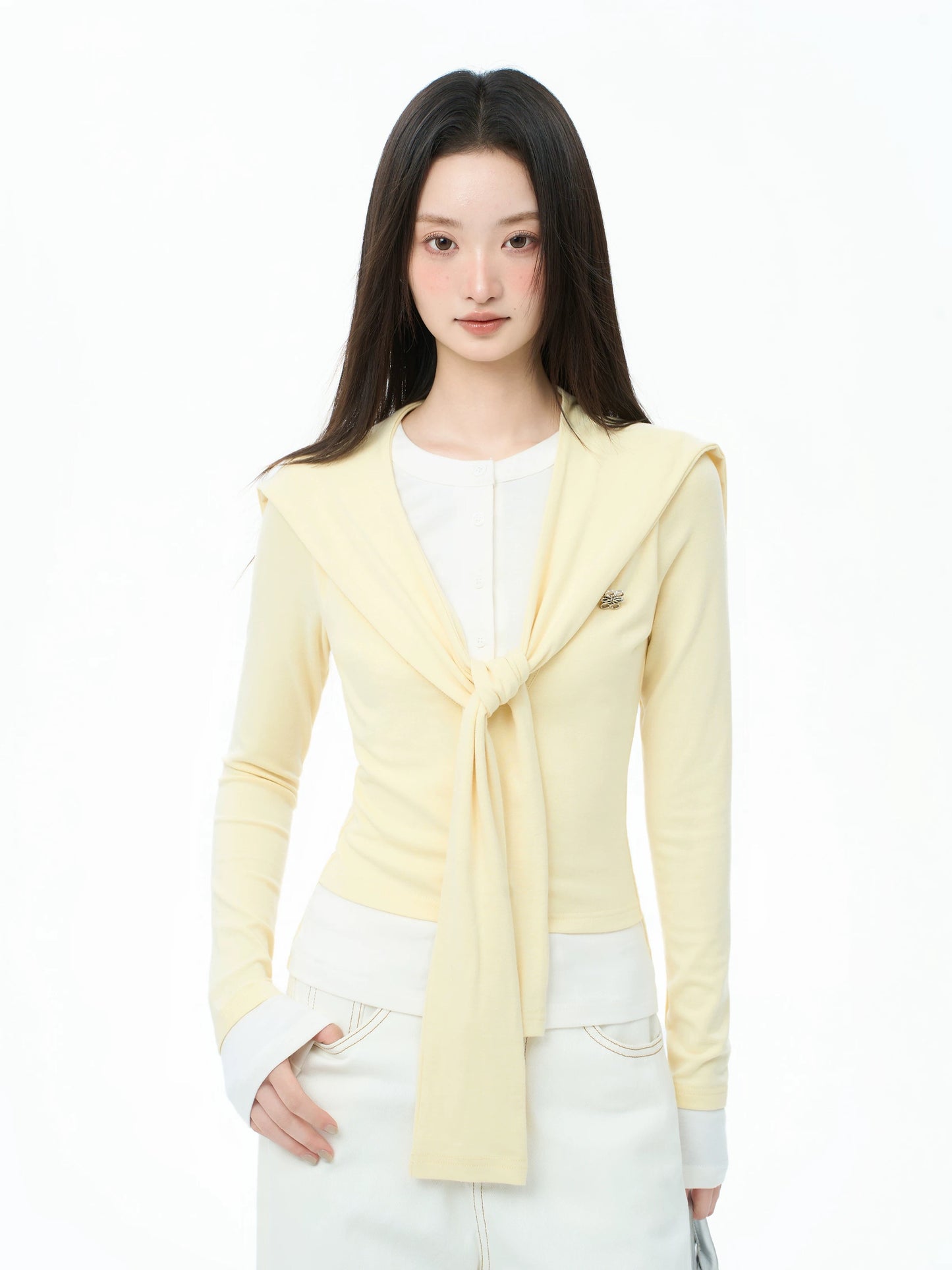 iiiamX Early Autumn Yellow Shawl Faux Two-Piece Long-Sleeved Top Women's Autumn 2025 New Slim Fit Design T-Shirt